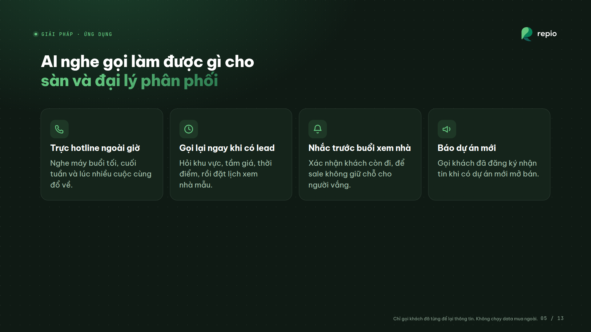 AI nghe gọi làm được gì cho sàn và đại lý phân phối: trực hotline ngoài giờ, gọi lại ngay khi có lead, nhắc trước buổi xem nhà mẫu, báo dự án mới