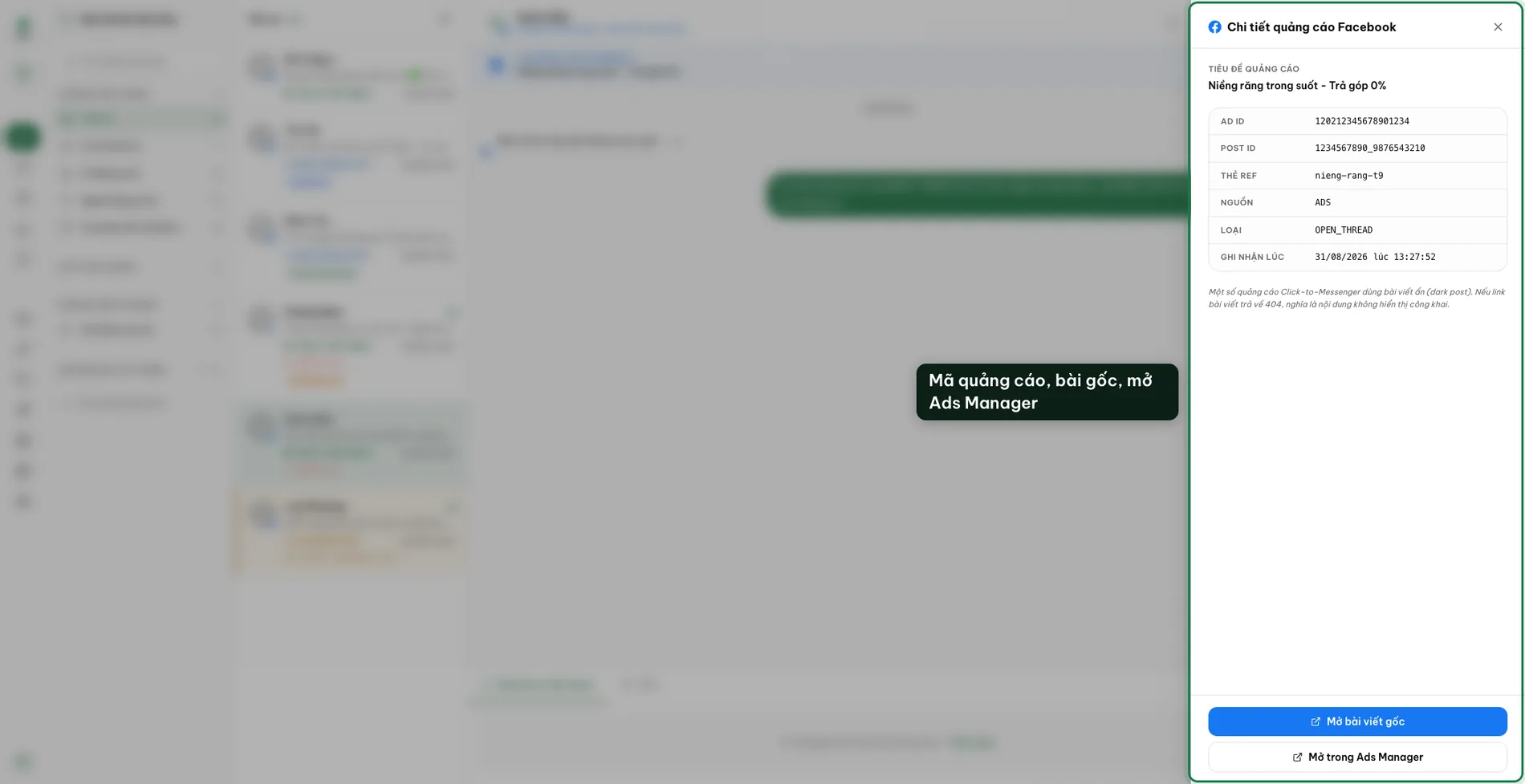 The drawer: the ad creative, title, ad ID, source post and ref parameter.