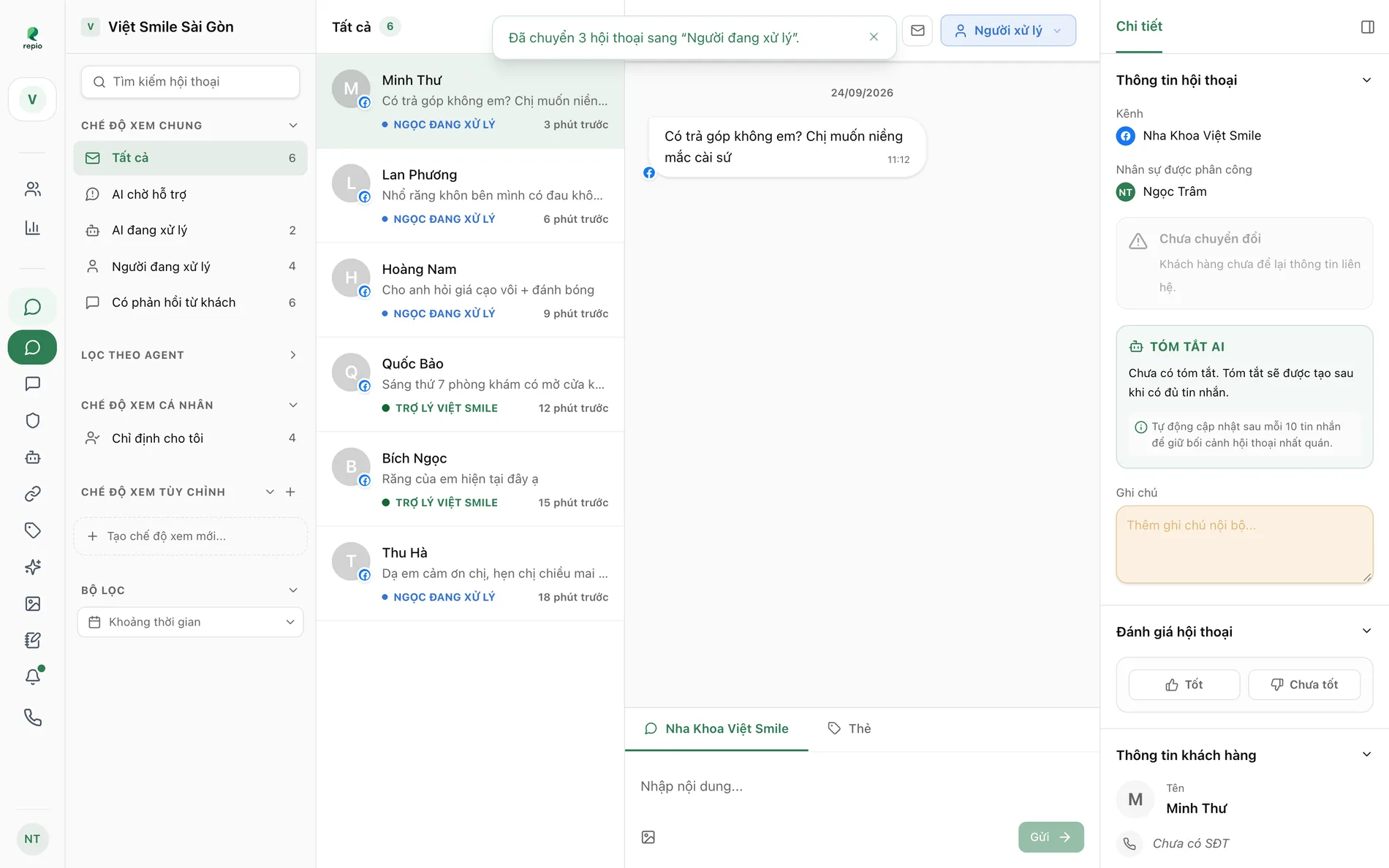 After taking over 3 conversations: the result notice at the top, the cards now read “Ngọc is handling”, Assigned To Me went up to 4, and the open conversation’s composer unlocked in place.