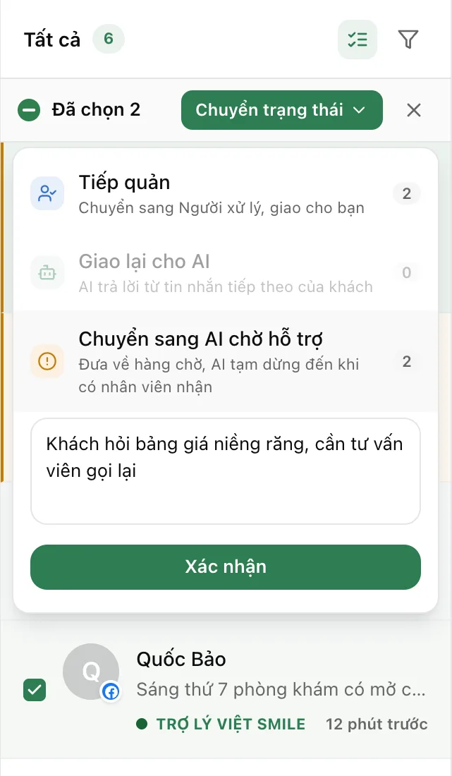Tick the conversations, click **Change status**, then **Move to AI awaiting support**.