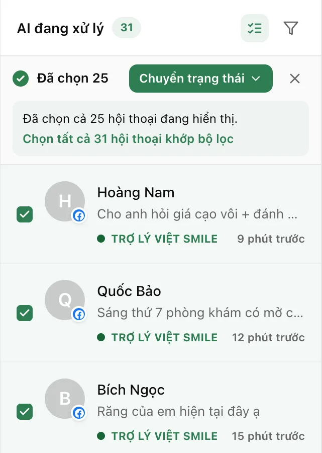 All 25 loaded conversations ticked, while the AI Handling view holds 31.