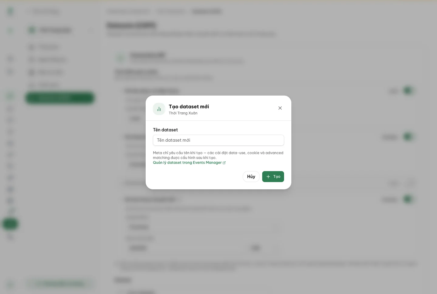 Create a new dataset right inside Repio — Meta only needs a name.