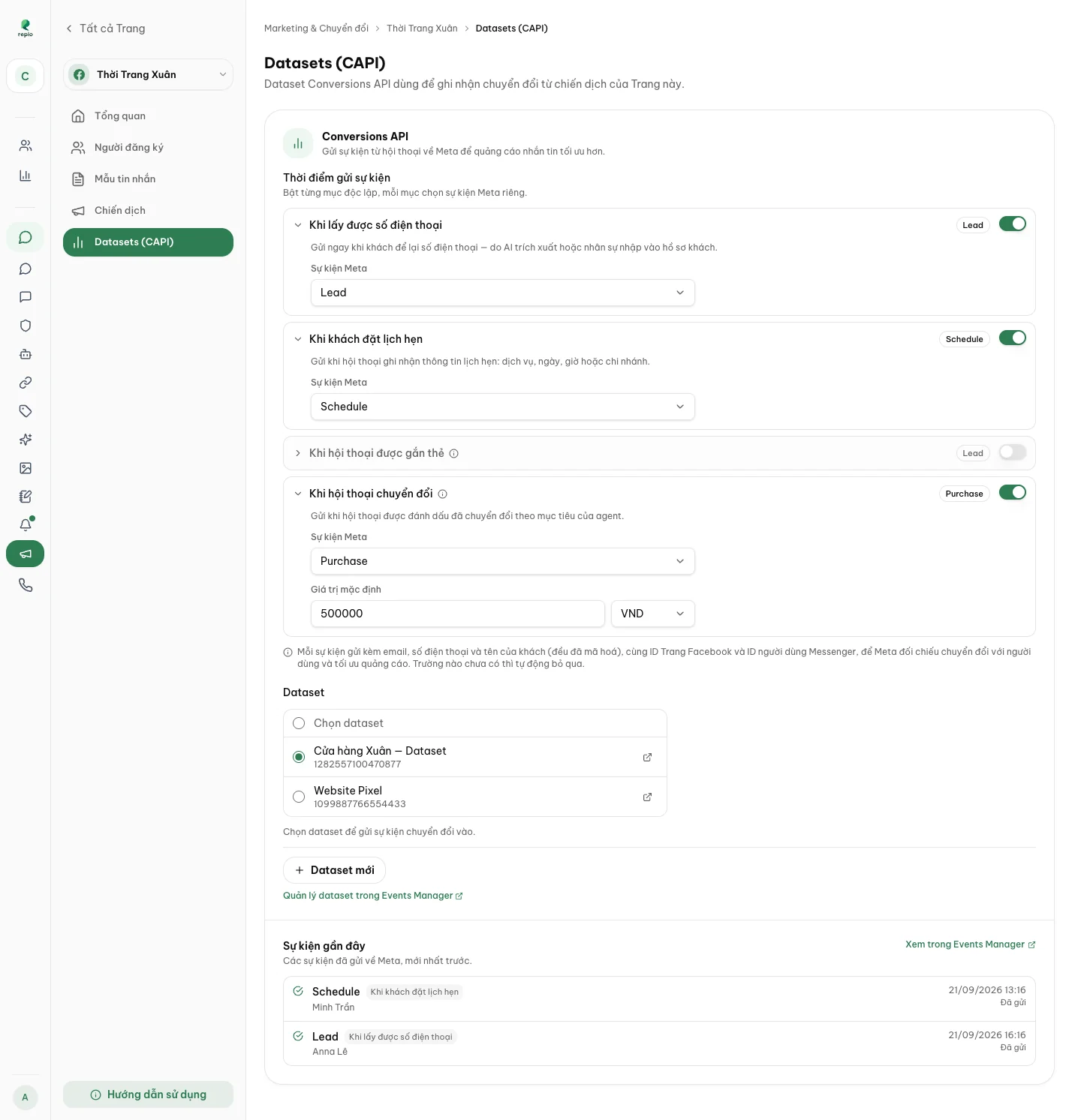 The Datasets (CAPI) page: choose when events are sent, pick the dataset that receives them, and track what has been sent.