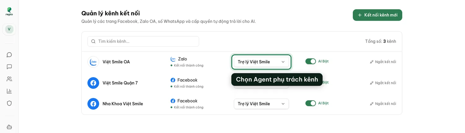 In the channel list: pick an agent in the assign column.