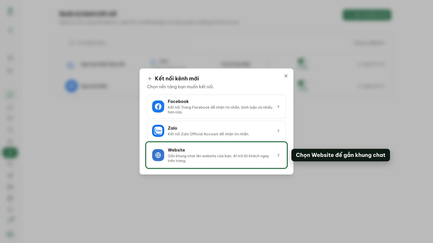 Open Channels, click Connect a channel, then choose Website.