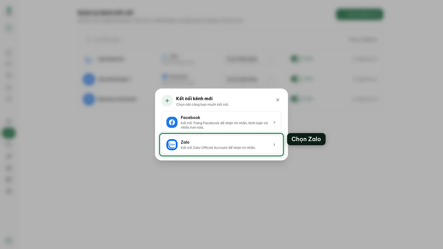 Open Channels, click “Connect a channel”, then choose Zalo.