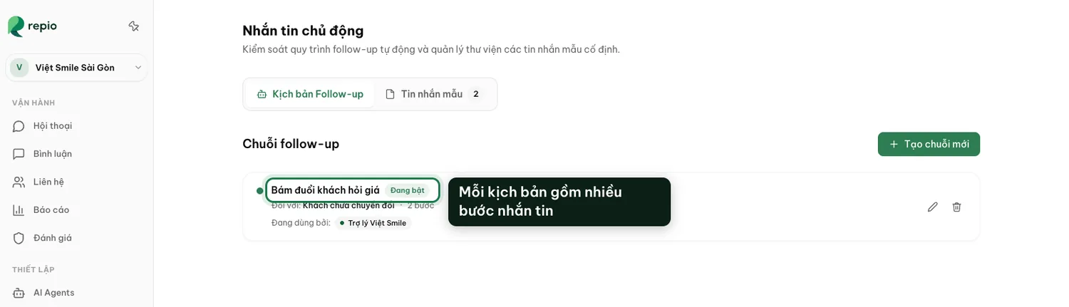 Danh sách kịch bản tại mục "Nhắn tin chủ động" → tab "Kịch bản Follow-up".
