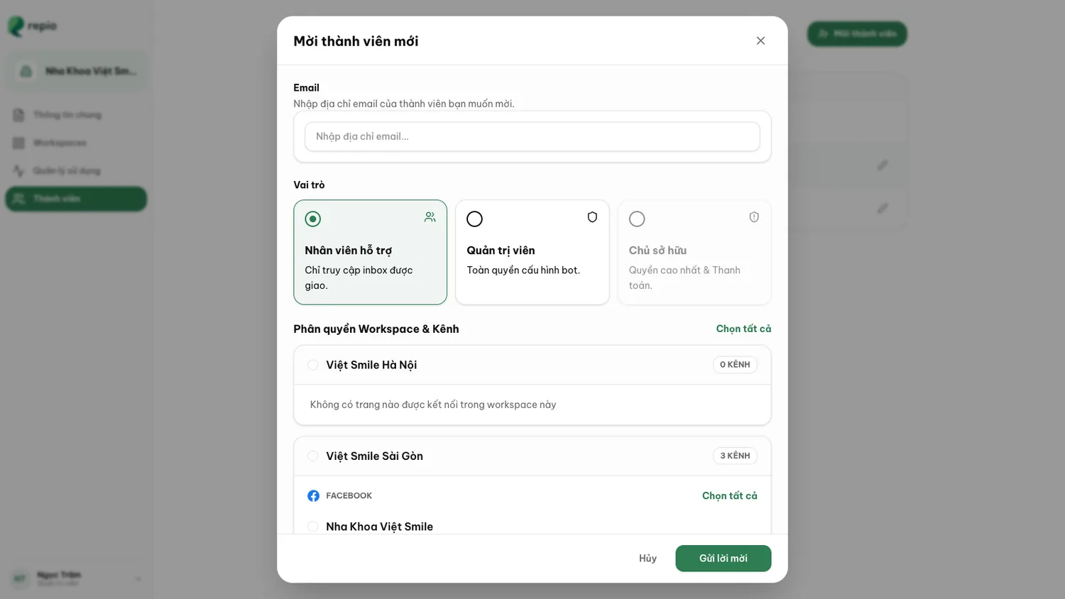 Hộp thoại mời thành viên: nhập email, chọn vai trò, sau đó chỉ định workspace và kênh liên lạc.