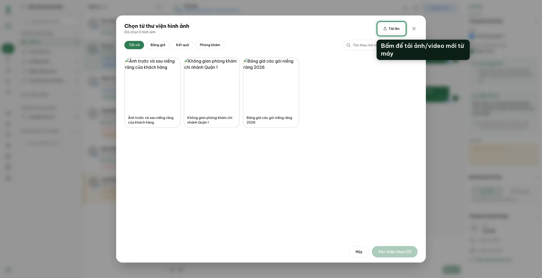 The media picker: the whole workspace library, with an Upload button.