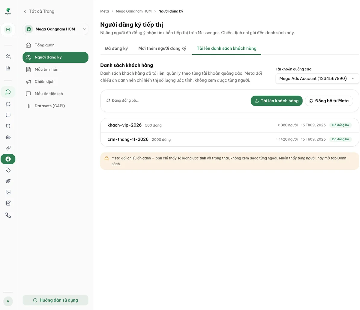 The Upload a customer list tab, managed per ad account.