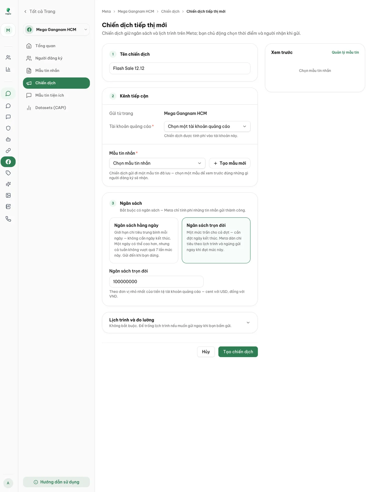 The new-campaign form: ad account, template and budget type.