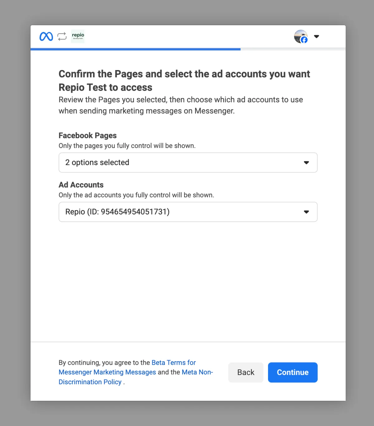 Confirm the Page and **choose an ad account**, then click Continue.