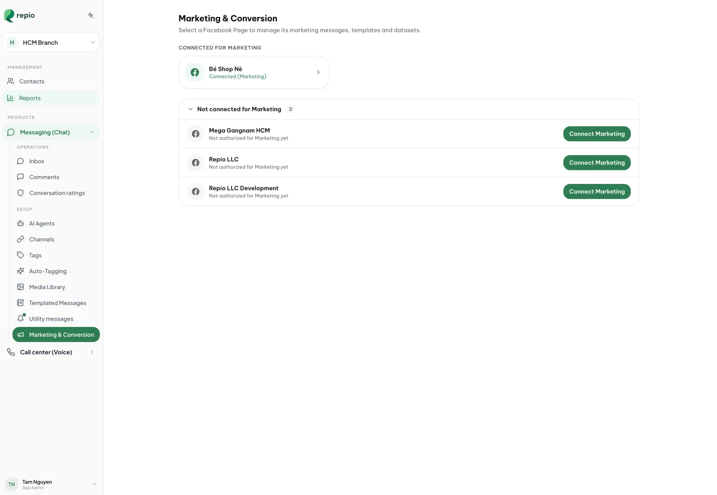 The Page moves up to “Connected for Marketing”, shown as Connected (Marketing).