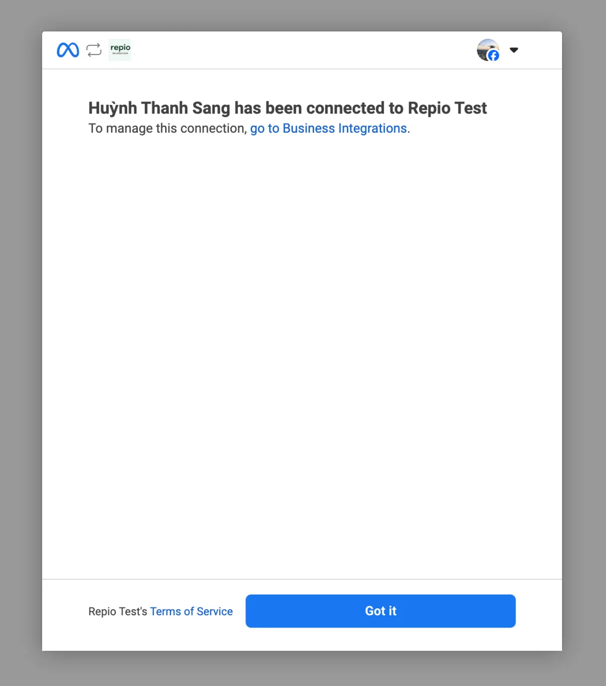 Click **Got it** to close the Meta confirmation window.