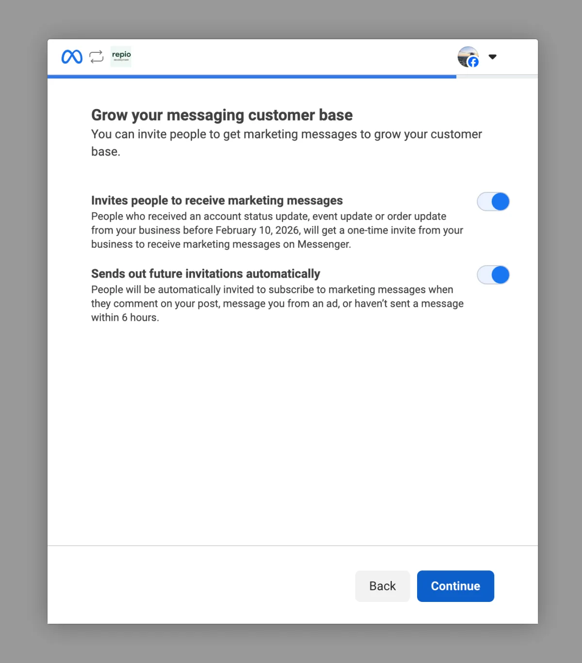 Review **“Grow your messaging customer base”**, then click Continue.