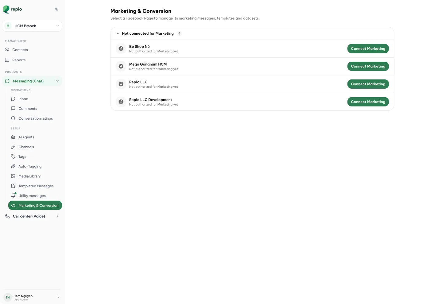 Marketing & Conversion lists your Pages, split into “Connected for Marketing” and “Not connected for Marketing”.