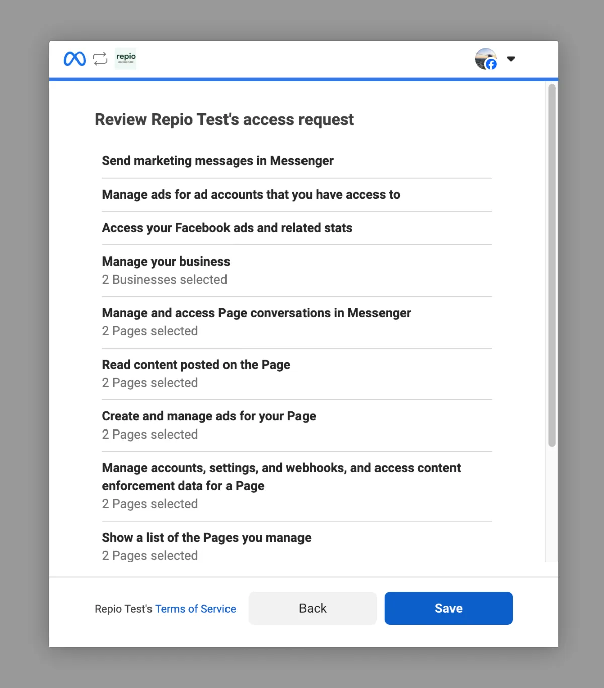 On the **“Review … access request”** screen, leave every permission on and click **Save**.