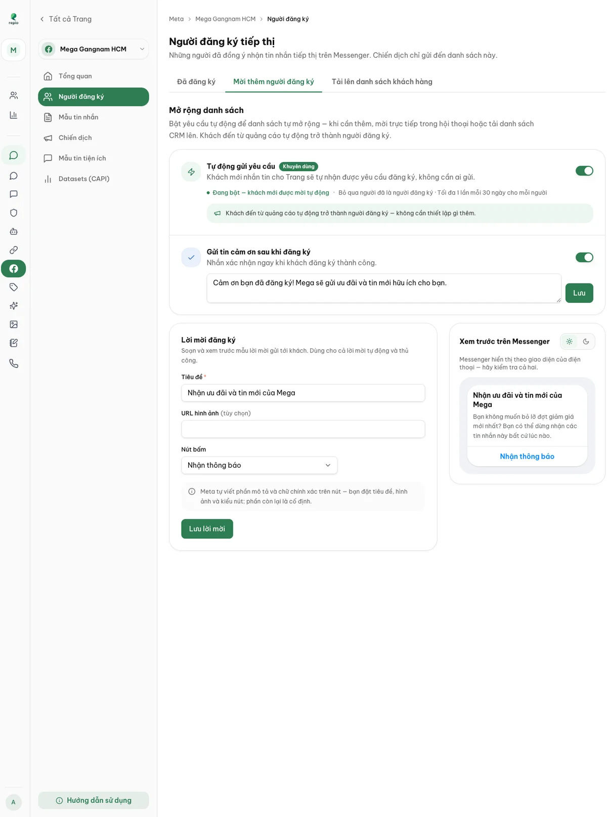 The Grow tab: the automatic request, the thank-you, and the invite template with a live preview.