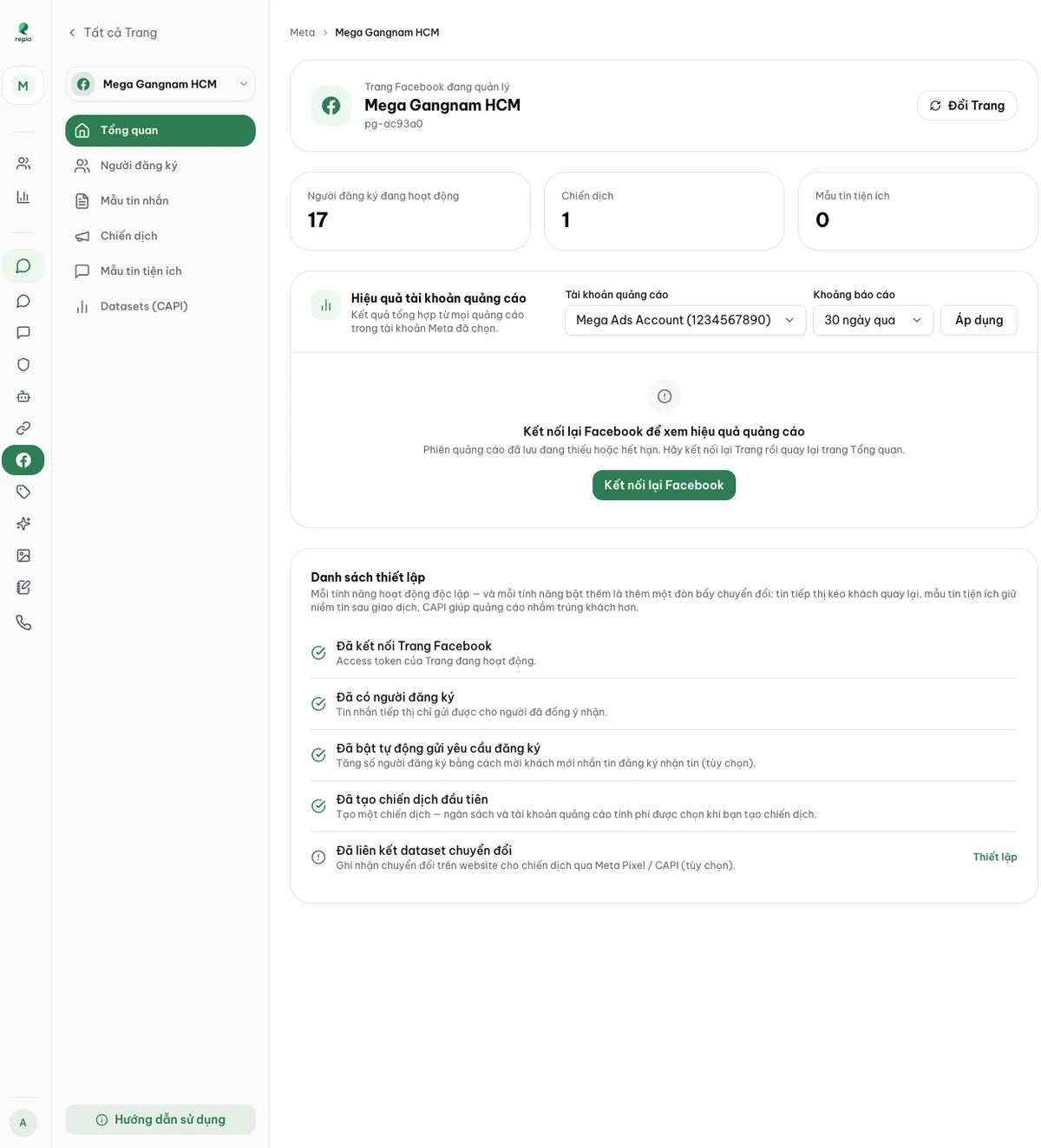 The Overview page: quick stats, ad-account performance and the setup checklist.