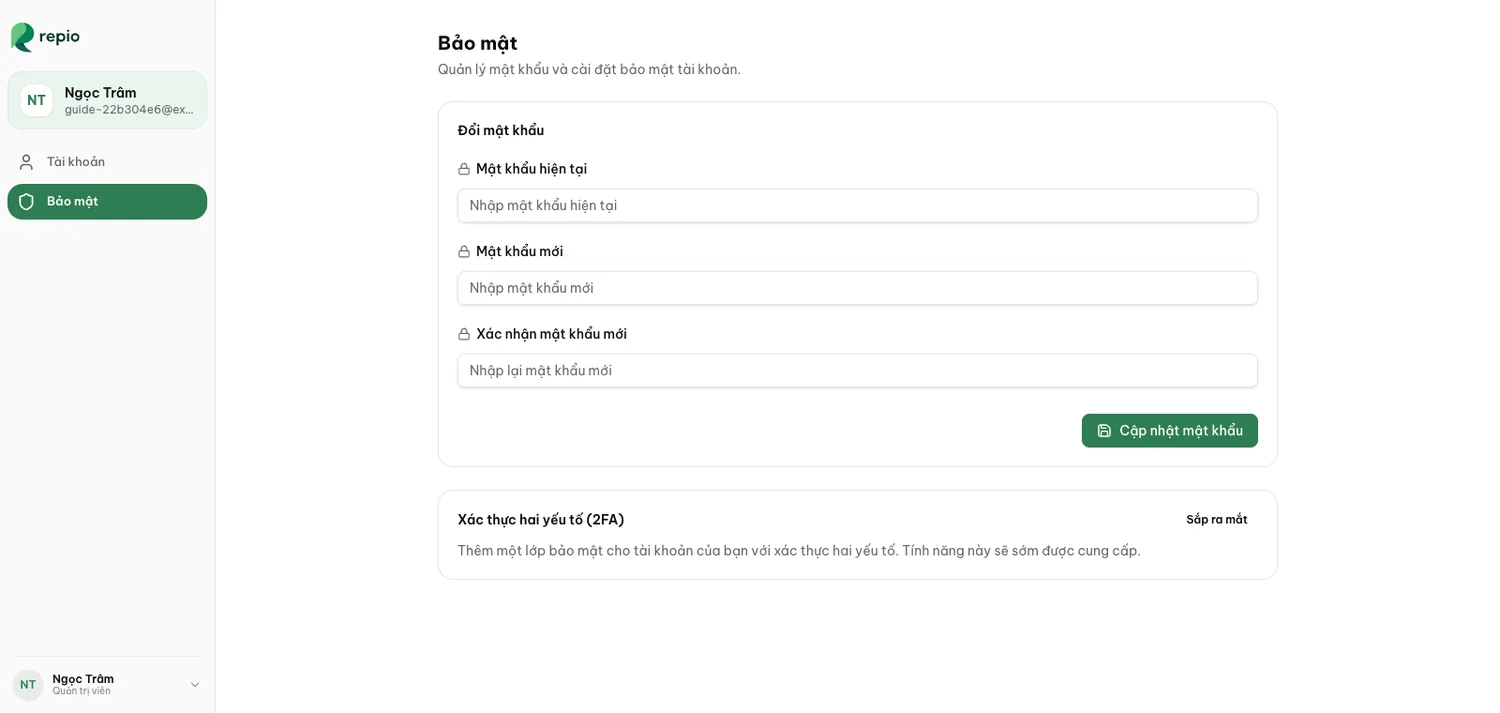 Tab Bảo mật: thay đổi mật khẩu đăng nhập.