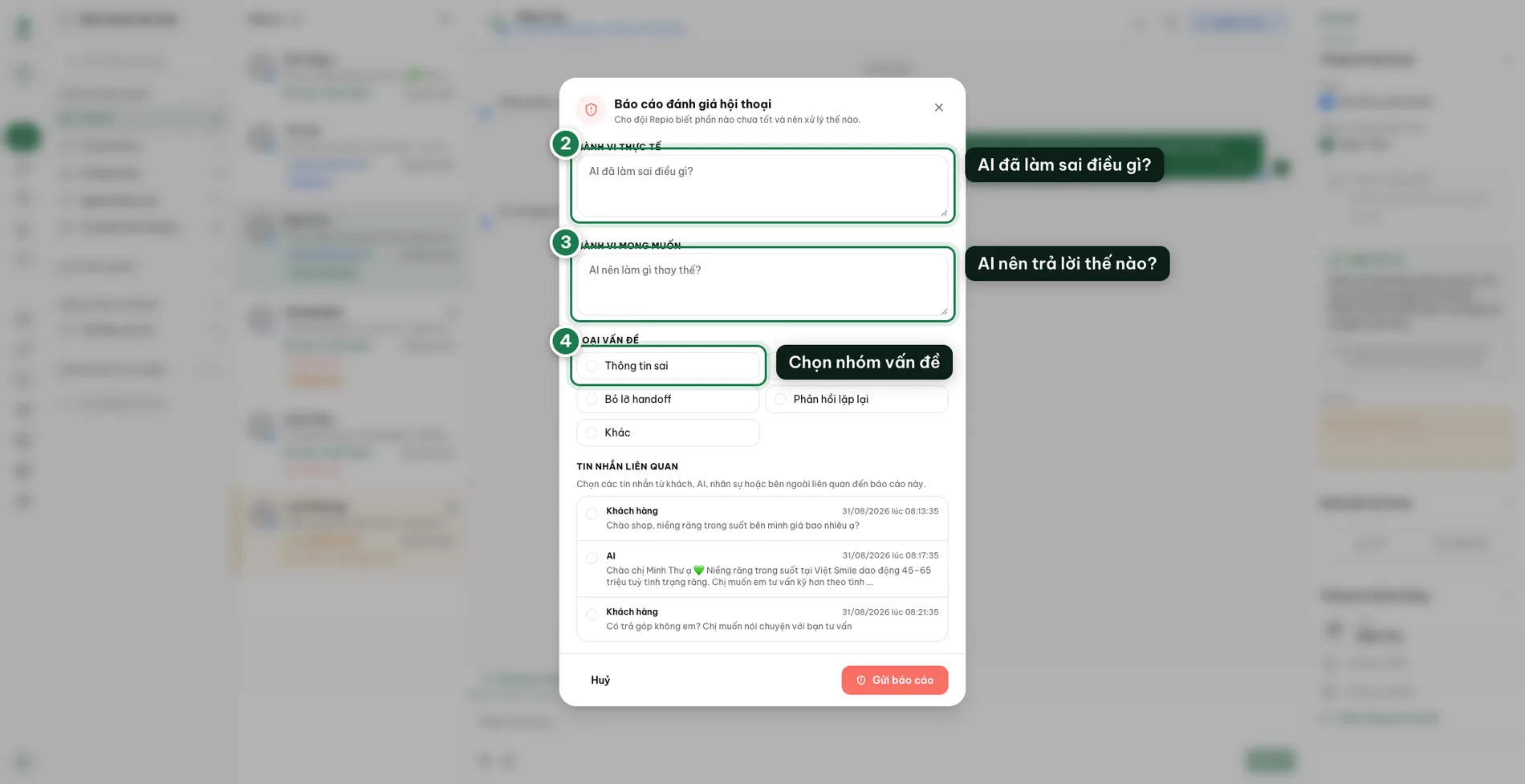 The report form: two questions, one issue category, and the related messages.
