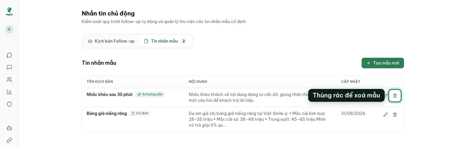 Biểu tượng thùng rác ở cuối mỗi dòng mẫu trong danh sách.