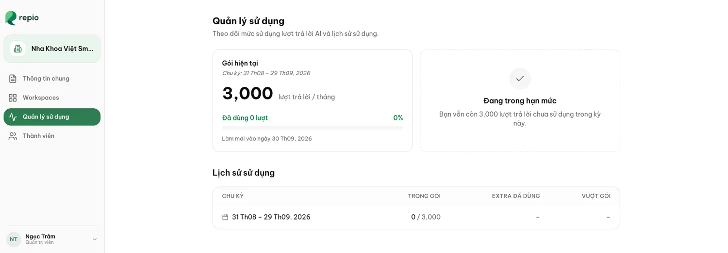 Giao diện Quản lý sử dụng: thẻ thông tin gói hiện tại, trạng thái định mức và bảng lịch sử sử dụng.