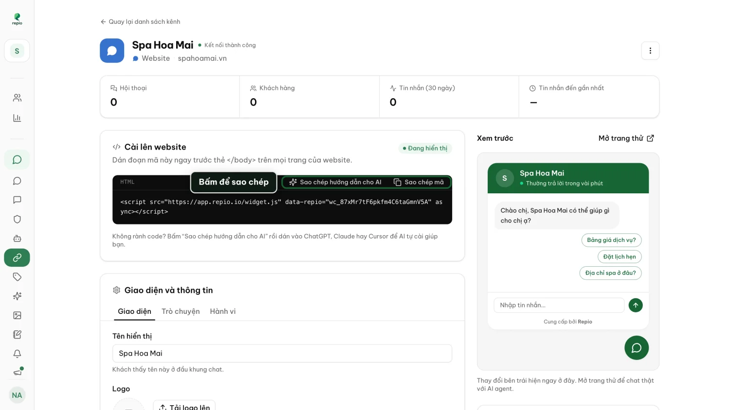 The Install on your website card, with Copy instructions for AI and Copy code. The Live badge means the chat is ready to show.