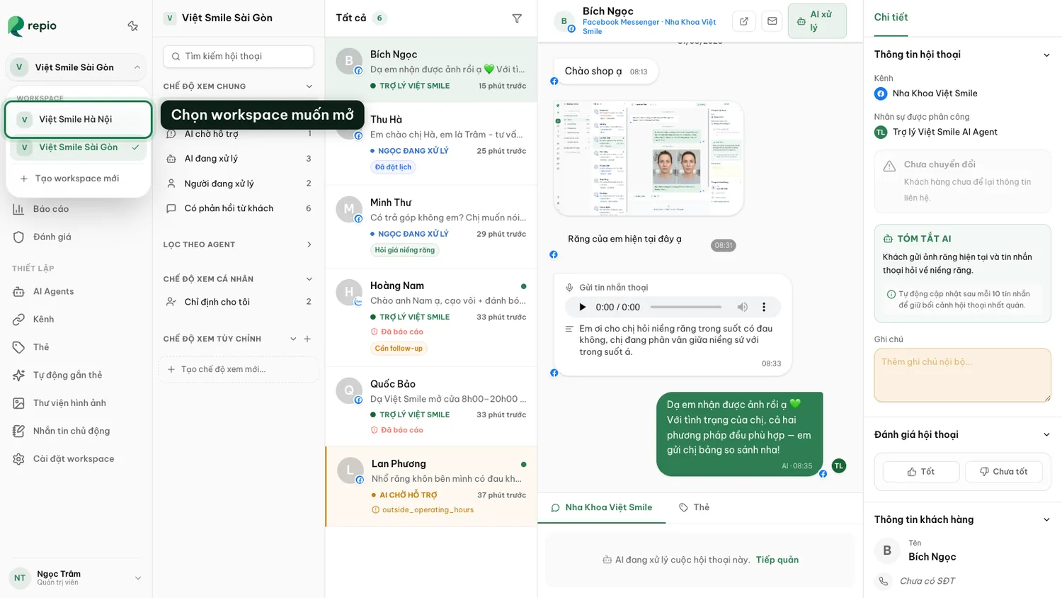 Menu chuyển đổi workspace ở góc trên thanh điều hướng bên trái.