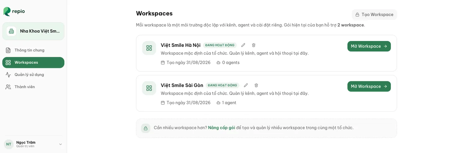 Danh sách workspace tại mục "Cài đặt tổ chức" → chọn tab "Workspaces".