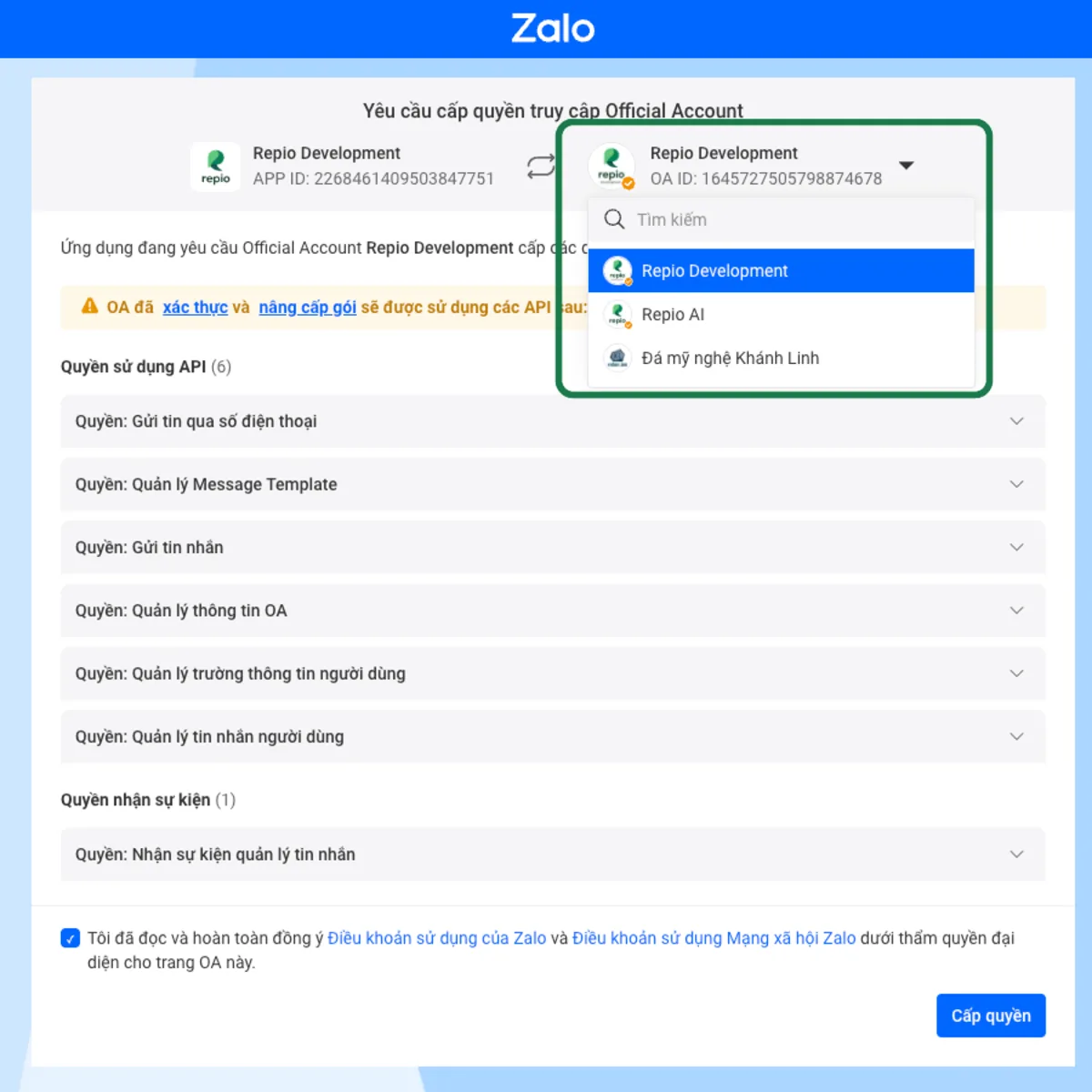 Log in to Zalo and pick the right Official Account.